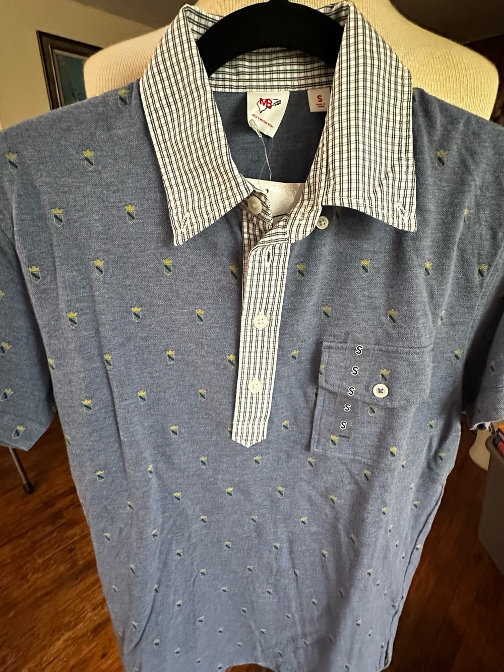 Michael Bastian Slate Blue Polo with Striped Contrast Collar Size Small